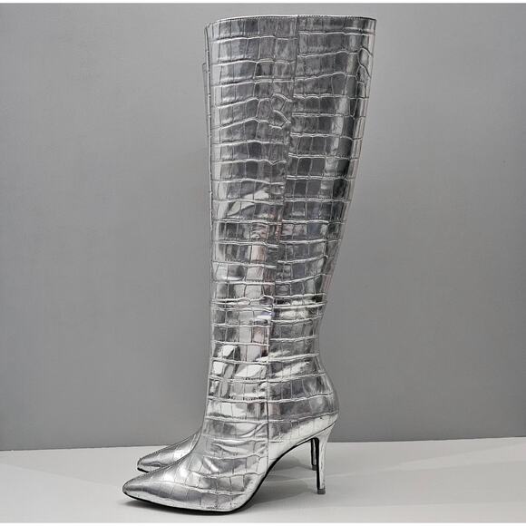 Black Suede Studio Tory Knee High Boot EU 38 Metallic Silver Croc Embossed Heel - Picture 1 of 16